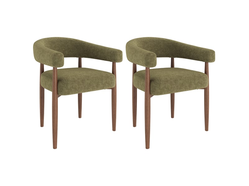  Lot de 2 chaises de salle à manger 60x59x75 cm, accoudoirs, chenille, métal aspect noyer, vert olive  - Conforama A