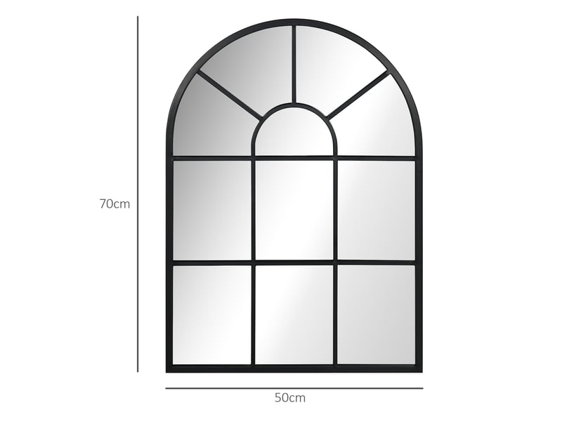 Miroir mural fenêtre 70 x 50 cm en métal noir, forme arche, crochets préinstallés, décoratif pour salon, chambre ou entrée - Conforama C