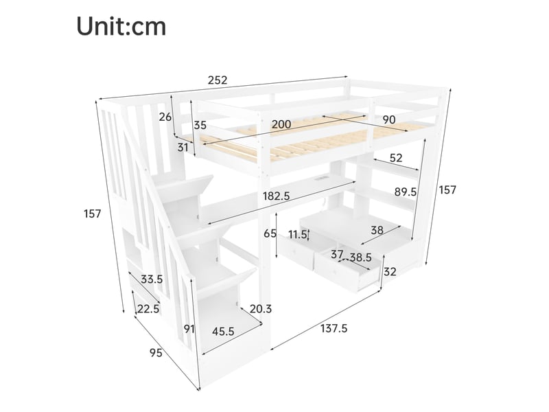 Lit mezzanine 90x200 cm avec bureau, étagères, tiroirs et escalier de rangement en mdf et bois blanc matelas non inclus  - Conforama C