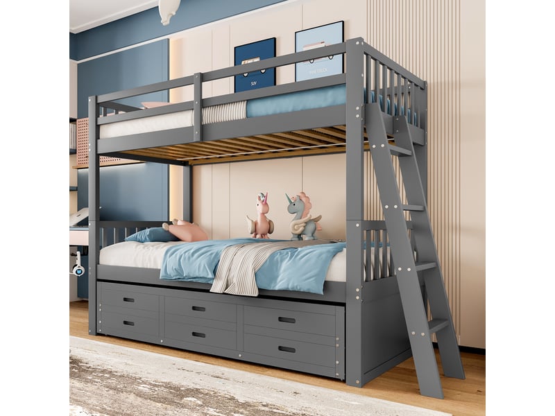  Lit superposé enfant 90x200 cm avec lit gigogne et 3 tiroirs gris  - Conforama C