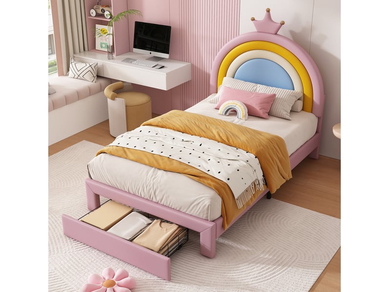  Lit enfant rembourré 90 x 200 cm en pu avec sommier, tiroir et tête de lit réglable rose chicfurn  - Conforama D