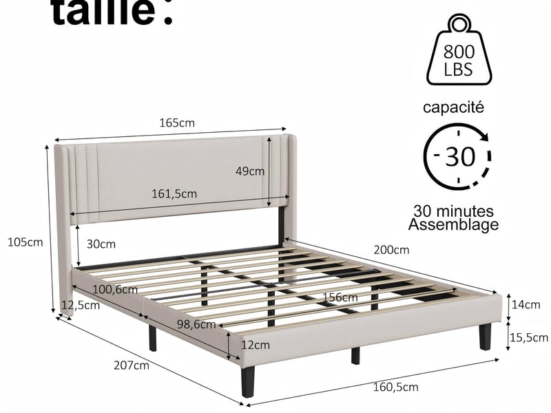  Lit coffre 140 x 200 cm - tissu gris - led rgb, usb et rangement  - Conforama C