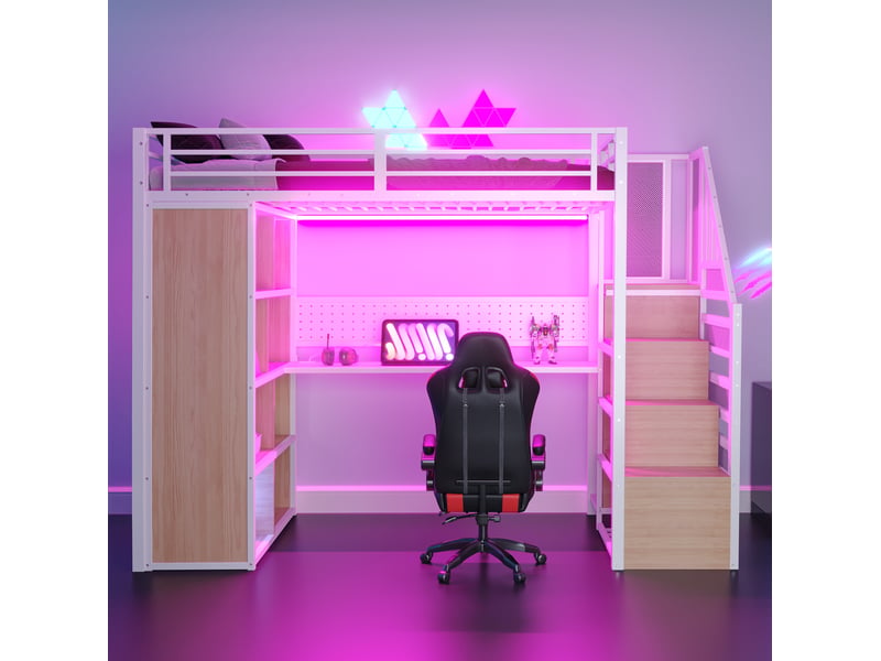  Lit mezzanine métallique 90x200 cm avec armoire, bureau, led et étagères, blanc, sans matelas  - Conforama D