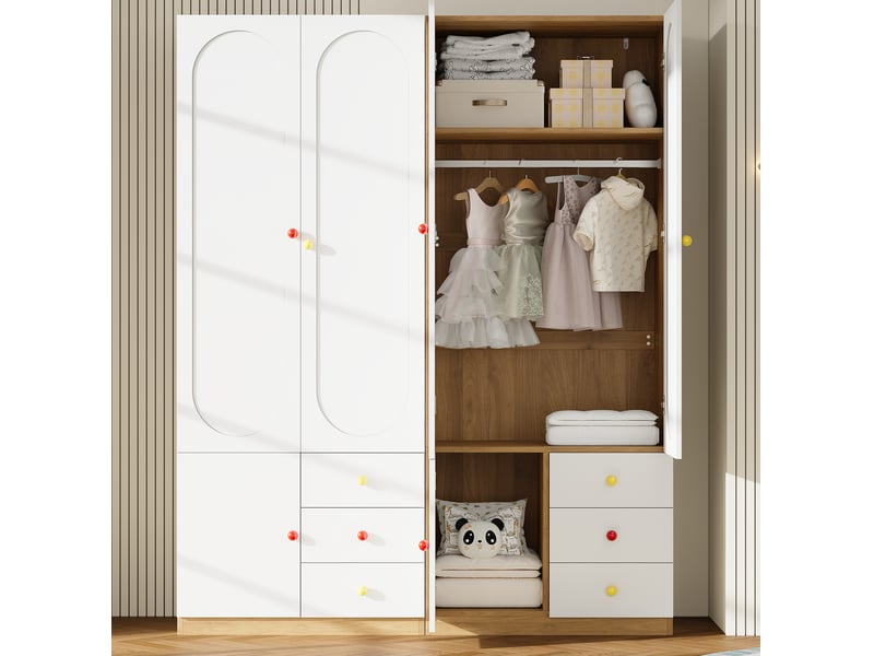  Armoire 2 pièces avec 4 portes, 6 tiroirs et tringles, poignées en céramique, pour chambre d'enfant, blanc 160 × 50 × 200 cm  - Conforama E