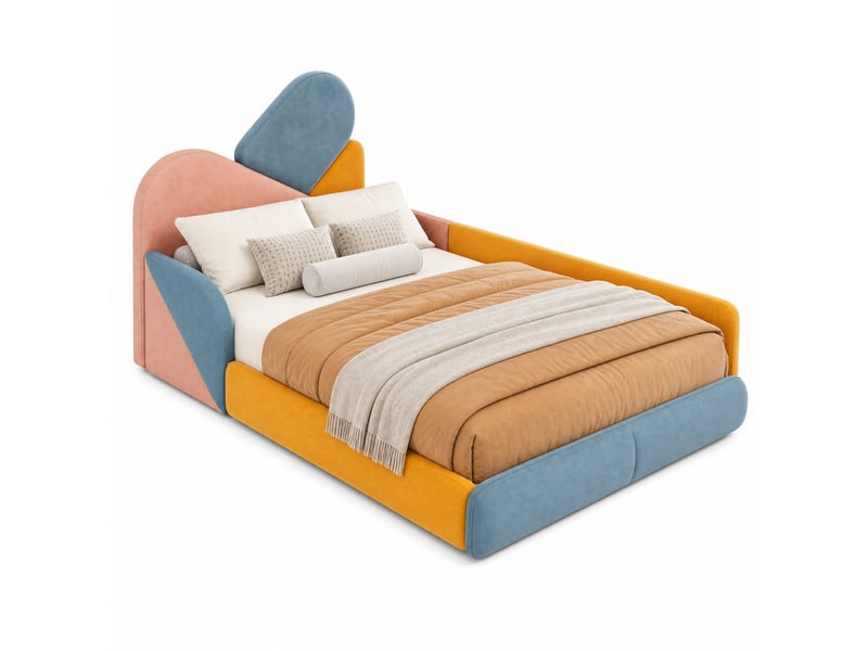  Lit enfant 90 x 200 cm en velours bleu, rose et orange avec côtés surélevés  - Conforama A