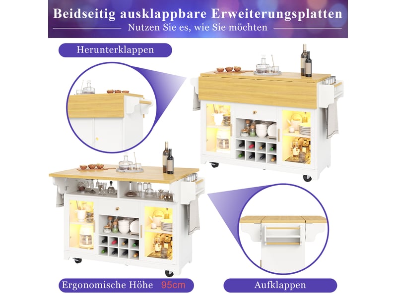 Desserte de cuisine 120x80x95 cm avec plateaux rabattables et led coloris blanc - Conforama E