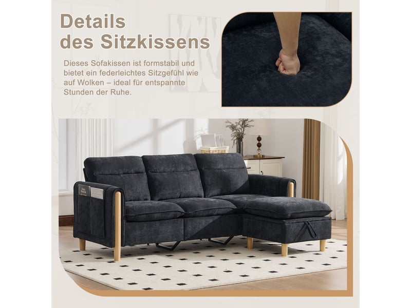  Canapé d'angle style nordique pouf de rangement format en l poches latérales pieds en bois tissu chenille noir  - Conforama E