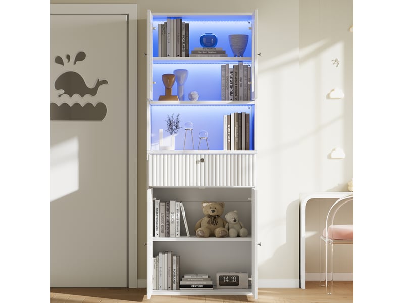  Vitrine bibliothèque led rgb avec portes vitrées et tiroir, 70 x 35 x 180 cm, mdf et verre blancs  - Conforama D