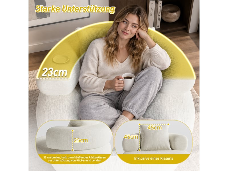  Pouf rond beige 100 cm effet chenille avec coussin pour salon et chambre Fay Lum - Conforama D
