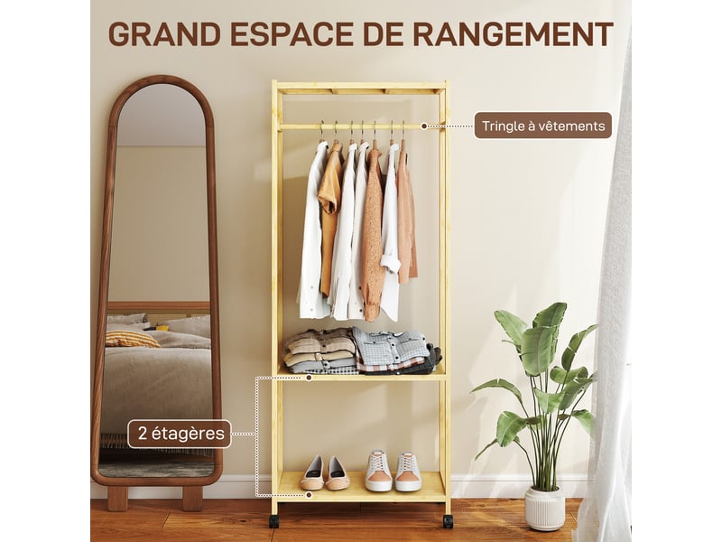  Portant à vêtements à roulettes en bambou avec 2 étagères 70x35x175 cm  - Conforama D