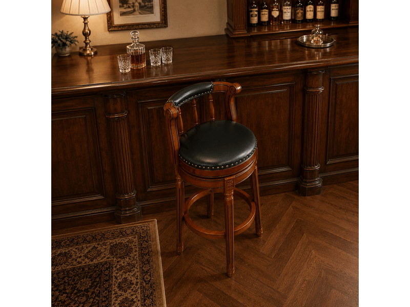  Tabouret de bar pivotant à 360° avec dossier en cuir véritable et bois  - Conforama C
