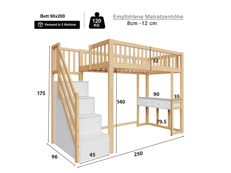  Lit mezzanine en bois 90 x 200 cm multifonctionnel avec bureau, échelle de rangement, coloris blanc et chêne clair  - Conforama B