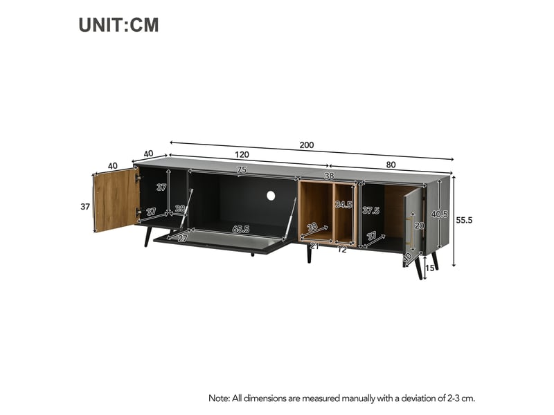 Meuble tv avec 3 portes, niche et passe-câbles pour salon 200×40×55,5 cm en mdf gris et marron  - Conforama D