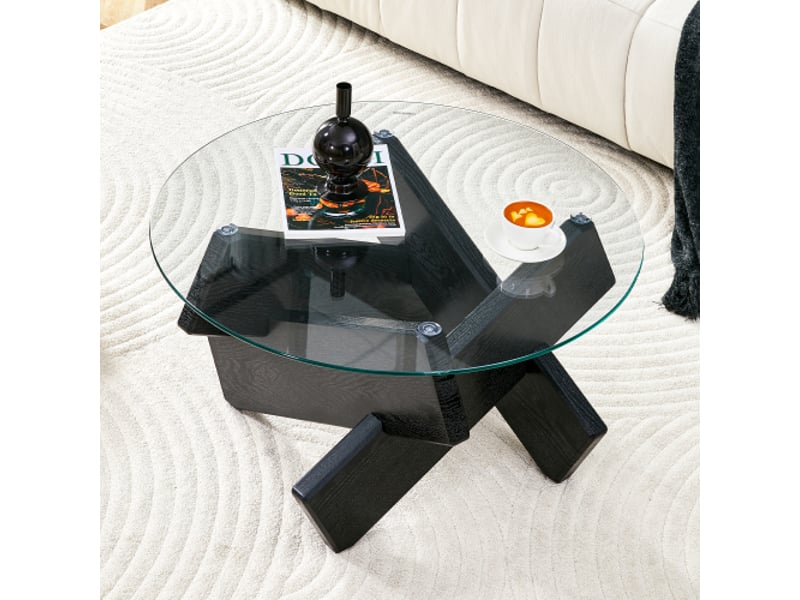 Table basse ronde multicolore - mdf et verre trempé 0,8 cm ø79 cm, pieds bois noirs - design élégant - Conforama D