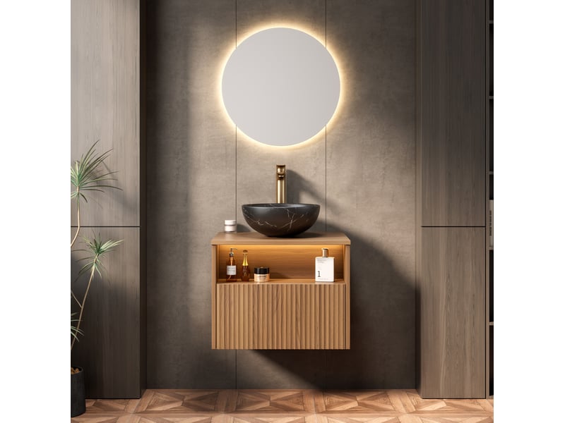  Meuble sous vasque suspendu avec 1 tiroir, niche, led et vasque en céramique noire, chêne brun 60 × 46 × 60,8 cm  - Conforama B