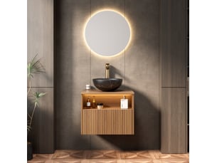 Meuble sous vasque suspendu avec 1 tiroir, niche, led et vasque en céramique noire, chêne brun 60 × 46 × 60,8 cm