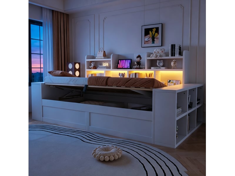  Banquette-lit avec rangements 90 x 200 cm modenvie, coffre hydraulique, led et prises, mdf et contreplaqué, blanc  - Conforama E