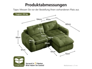 Canapé d'angle modulable en l - 194 x 160 x 68 cm-vert - canapé 2 places en chenille avec pouf et design capitonné sans cadre