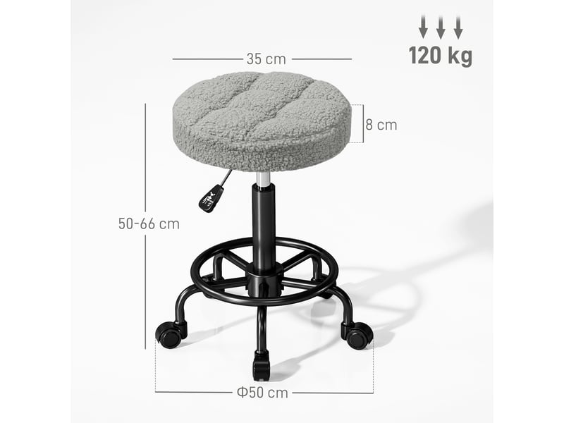  Tabouret pivotant rond avec roulettes et hauteur réglable de 50 à 66 cm avec assise en tissu effet mouton gris  - Conforama C