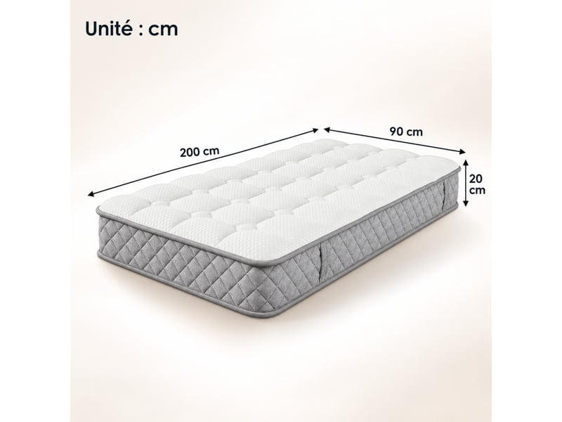 Matelas 90 x 200 cm, ressorts ensachés + mousse, 7 zones, soutien ferme h3, épaisseur 20 cm, certifié oeko-tex, blanc - Conforama C