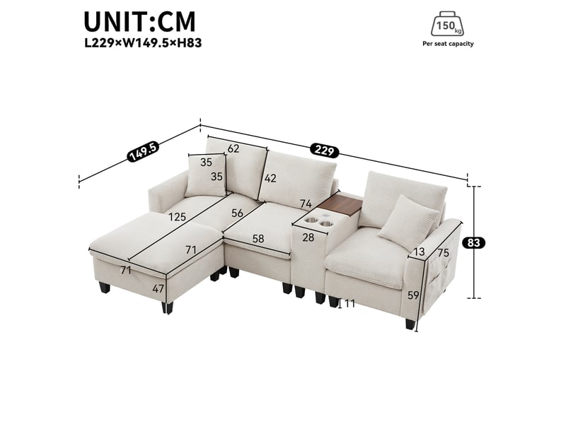  Canapé d’angle convertible 229x149,5x83 cm, coussins, console et porte-gobelets, usb, poches latérales, finition velours côtelé beige  - Conforama C