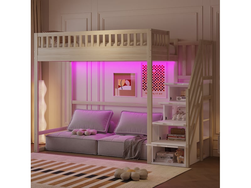 Lit mezzanine enfant 90x200 cm, lit simple avec led, barrière et escalier de rangement, bois, naturel, sans matelas - Conforama D