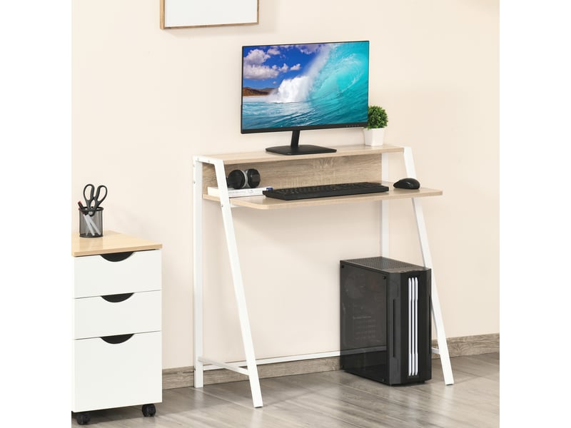  Bureau moderne avec tiroir et passe-câbles, structure métal finition chêne blanc 84x45x85 cm  - Conforama B