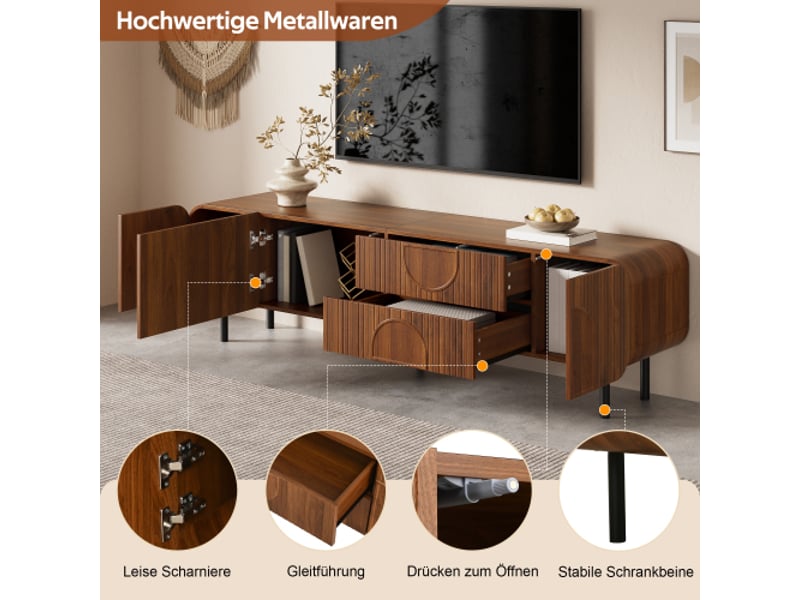  Meuble tv style mid-century, 3 portes + 2 tiroirs,rainures verticales + reliefs arqués, coins arrondis, pieds métalliques,pour salon  - Conforama E