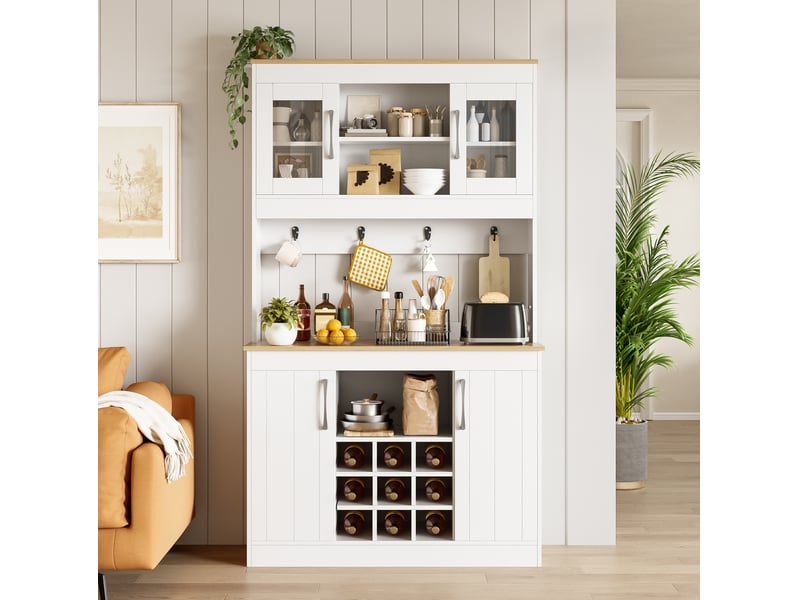  Buffet de cuisine 106x39x175 cm, portes en verre, casier à bouteilles, pour cuisine, salon, aggloméré, blanc et naturel  - Conforama E