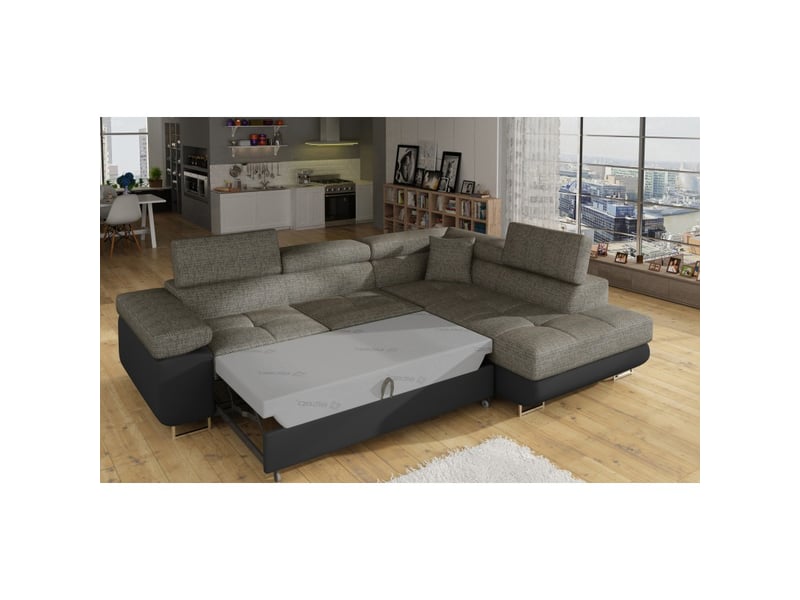 Canapé d'angle convertible menton gris bouclé – 4 places avec coffre et têtières - Conforama D