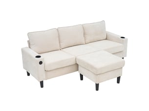 Canapé d'angle 3 places, en lin beige avec pouf modulable, ports usb et porte-gobelets intégrés pour salon et appartement moderne