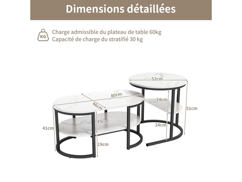  Lot de 2 tables basses gigognes ovale et ronde - 80 x 46 x 41 cm-noir - table de salon avec effet marbre et étagère de rangement  - Conforama B