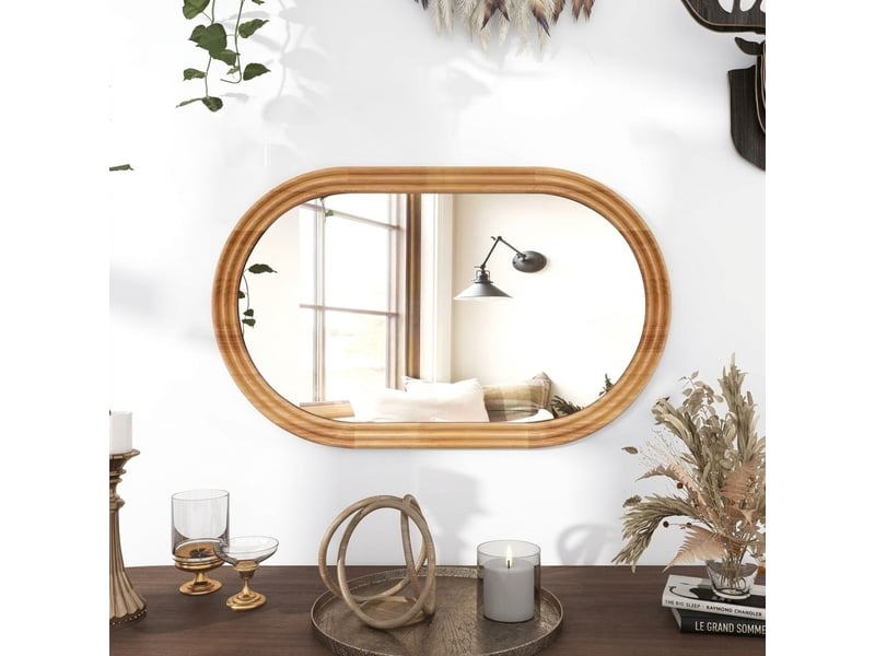  Miroir de salle de bain ovale mural 40 x 60 cm en verre trempé hd – miroir suspendu anti-buée, étanche et anti-rouille avec cadre mouluré pour vasque, entrée et coiffeuse – bois naturel  - Conforama A