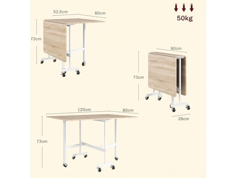  Table à manger extensible 120x80 cm – chêne – 6 places, 6 roulettes avec freins, idéale pour petit espace  - Conforama C
