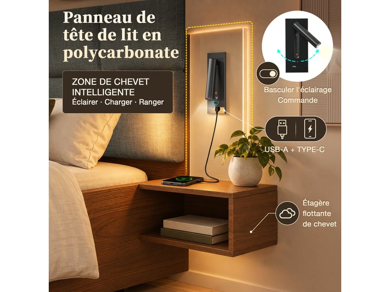 Lit double 160x200 cm en aspect noyer avec tête de lit en lin gris, tables de chevet suspendues, led et usb-ausb-c. - Conforama E