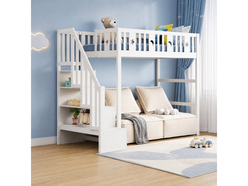  Lit mezzanine 90x200 cm avec escalier et étagères en bois blanc  - Conforama D