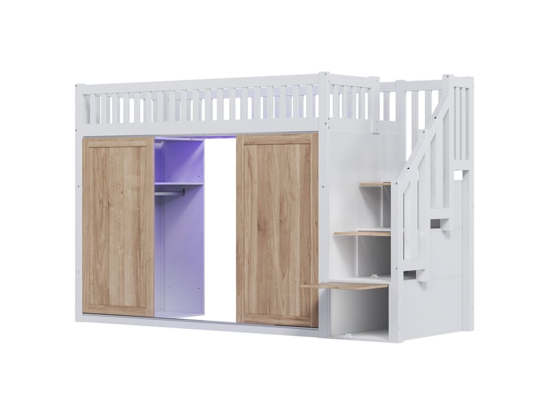  Lit mezzanine 90x200 cm avec armoire et escalier intégré, blanc, lit enfant multifonctionnel avec bande lumineuse colorée  - Conforama W