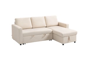 Canapé d'angle convertible modulable avec méridienne réversible, coffre de rangement et 3 coussins de dossier, crème