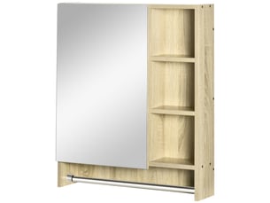 Meuble de salle de bain mural avec miroir, étagères réglables et porte-serviettes, design compact pour lavabo ou wc, 60 x 15 x 70 cm, chêne