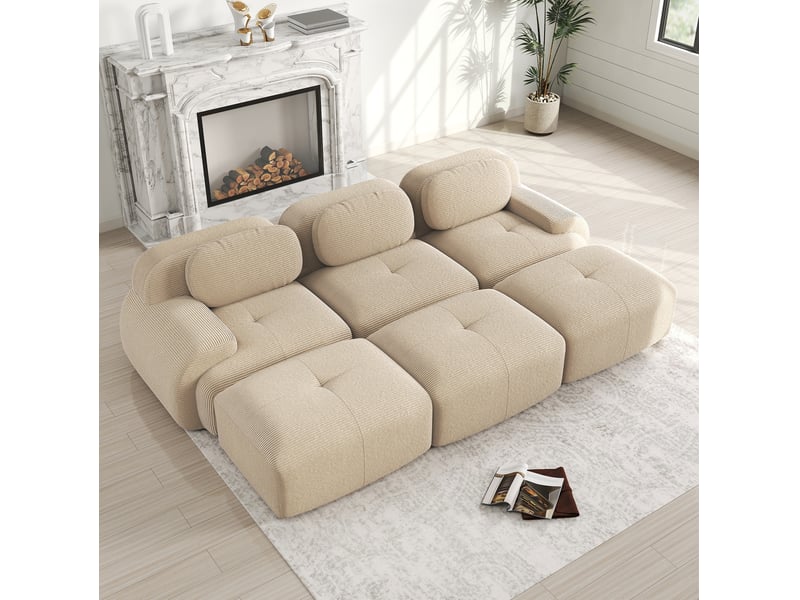  Canapé modulable modenvie 3 places avec 3 poufs en velours côtelé beige 298 x 178 x 70 cm  - Conforama D
