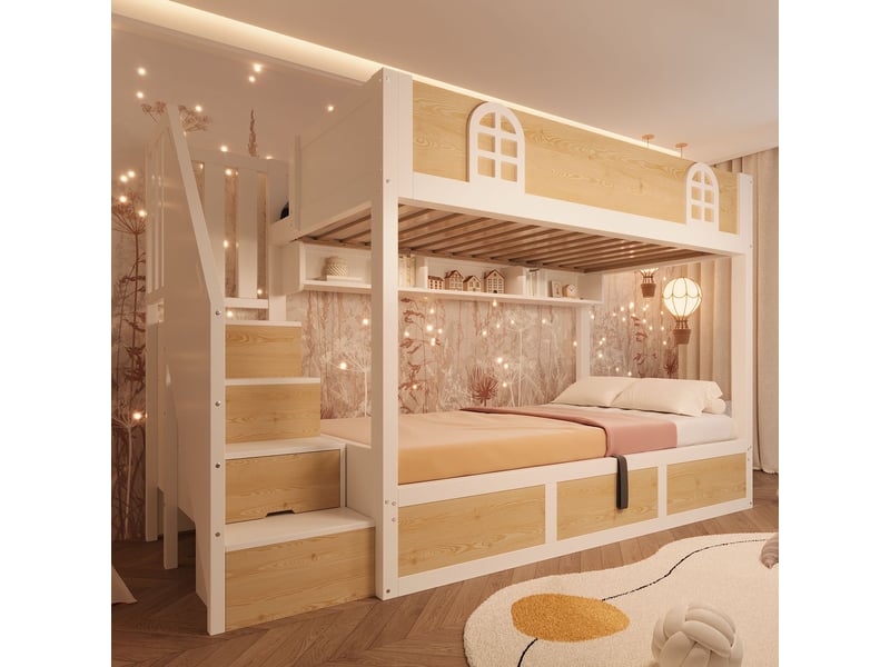  Lit superposé enfant 90x200, sécurité renforcée norme en 747-1 lit superposé, escalier rangement intégré, gain d'espace, design cabane  - Conforama D