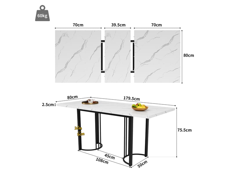  Table à manger extensible rectangulaire en mdf et métal avec pieds noirs,140-179,5x80cm,blanc+noir table bicolore - Conforama C