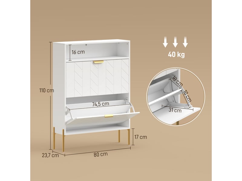  Meuble à chaussures 16 paires, armoire à chaussures étroite avec 2 tiroirs rabattables, compartiment ouvert, blanc  - Conforama D