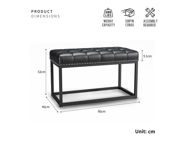  Banc 90x46x52 cm en similicuir noir, style vintage, structure métal  - Conforama C