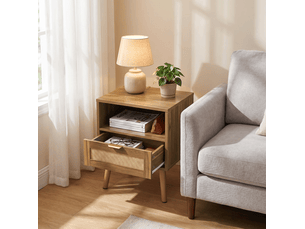 Table de chevet avec 1 tiroir et niche ouverte, style bohème en mdf et rotin noyer pour chambre, 45 × 40 × 55 cm