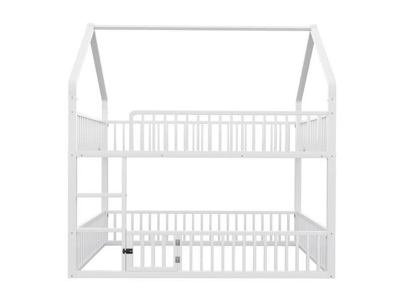  Lit superposé enfant 140x200 cm avec escalier, forme de maison, barrière de sécurité avec porte d'ouverture, en métal, sans matelas, blanc  - Conforama D