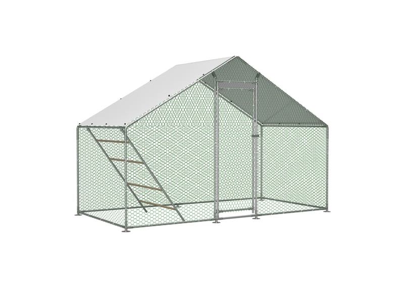  Enclos à volailles 303x157x200 cm – gris – toit pe, porte verrouillable, échelle et grillage sécurisé  - Conforama D
