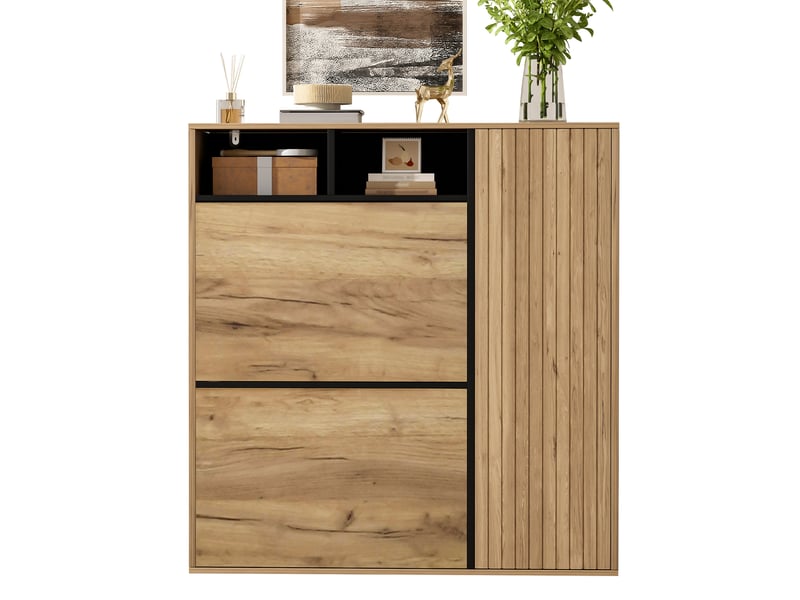  Meuble à chaussures 2 abattants et 1 porte 90x24x94 cm naturel et noir  - Conforama A