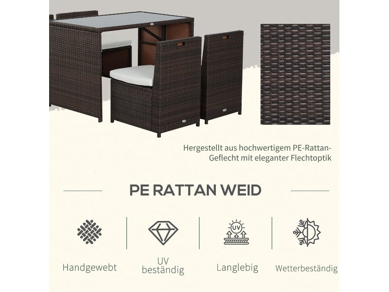  Salon de jardin 5 pièces avec table, 4 chaises à rangement et coussins en résine tressée marron et kaki 120 × 69 × 77,5 cm  - Conforama E