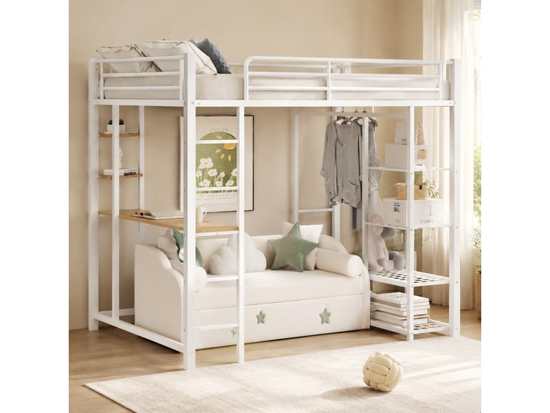 Lit mezzanine enfant 90 x 200 cm blanc avec bureau, étagères et penderie - Conforama B